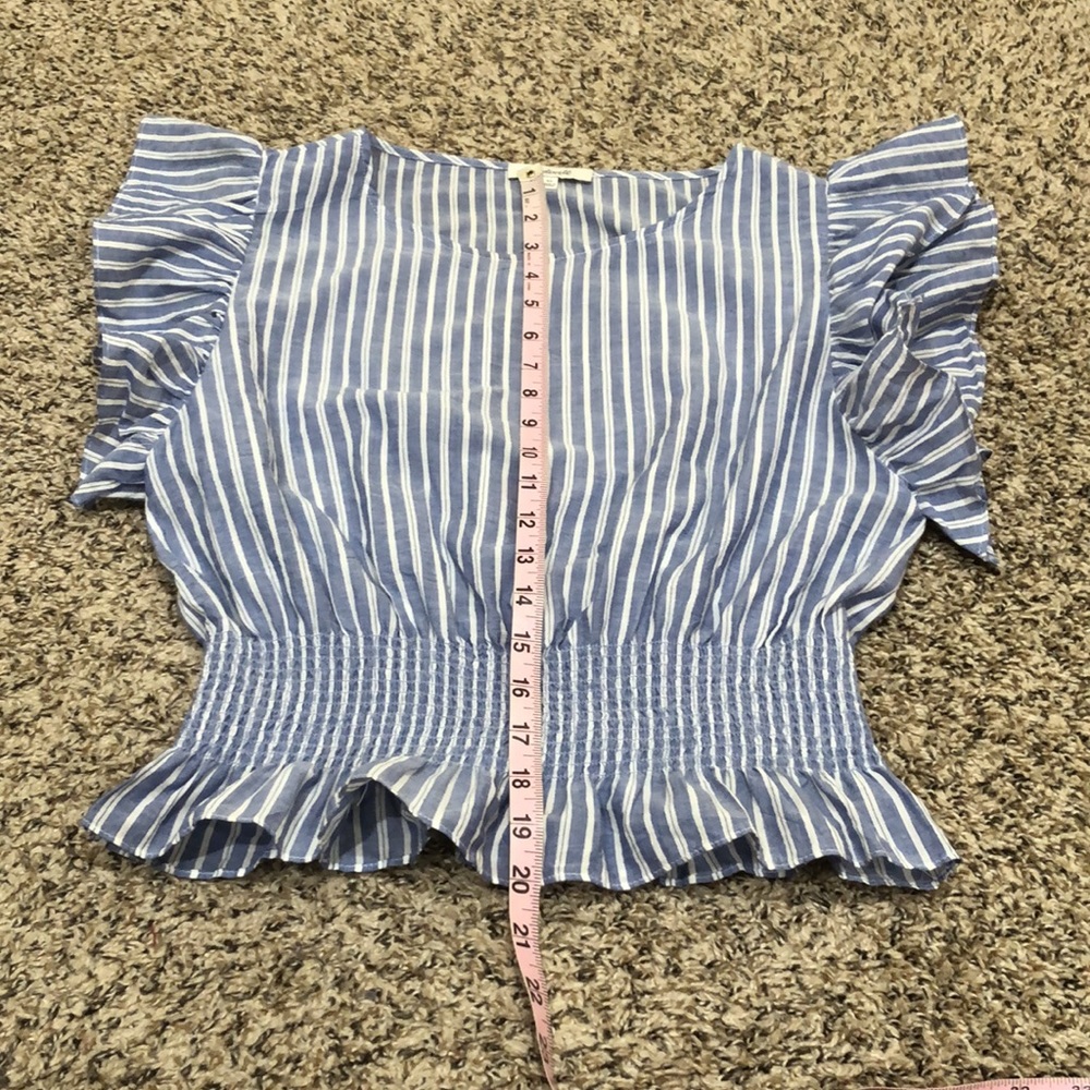 SOLD Madewell Flutter Sleeve Top Size XS Blue White Striped Ruffle Peplum Hem - Picture 8 of 8